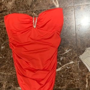 Salmon Strapless Diamond Stud V-Neck Top